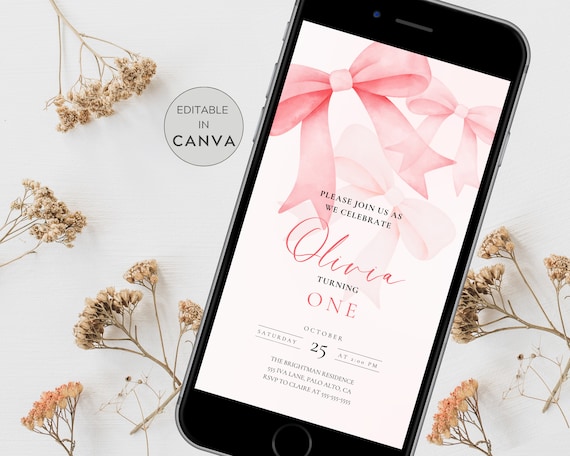 Editable Digital Coquette Invitation |  Pink Bow Birthday Evite | Pink Bow Digital Invite | Virtual Invitation | Birthday Girl Pink Bow