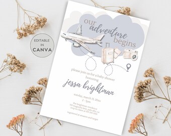 Travel Baby Shower Invitation, Airplane Baby Shower Invitation, Printable Invitation, Our Adventure Begins, Passport Invitation, Editable