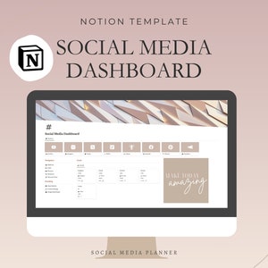 Può includere: Uno schermo di computer che mostra un modello Notion per un cruscotto dei social media. Il cruscotto include sezioni per le piattaforme di social media, le metriche di coinvolgimento e il branding. Il testo "# Social Media Dashboard" e "MAKE TODAY amazing" è visibile sullo schermo.