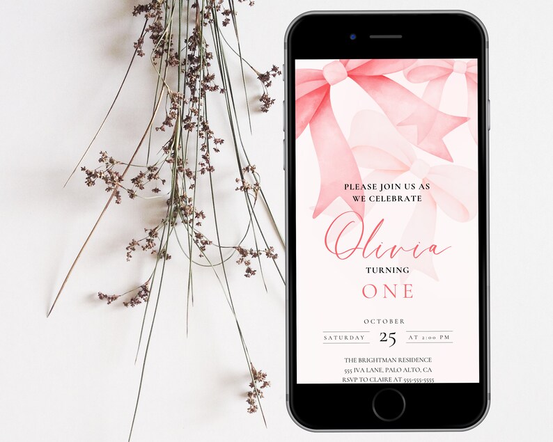 Editable Digital Coquette Invitation | Pink Bow Birthday Evite | Pink Bow Digital Invite | Virtual Invitation | Birthday Girl Pink Bow image 7