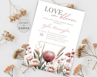 May include: A white bridal shower invitation with pink and green floral illustrations. The text reads "LOVE in bloom" and "PLEASE JOIN US FOR A BRIDAL SHOWER HONORING Kylie Remington". The date is October 25th.
