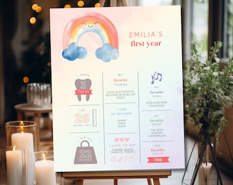May include: A colorful first birthday milestone poster with a rainbow, clouds, and a tooth graphic. The poster lists the child's age, height, weight, favorite things, and favorite song. The text on the poster reads "Emilia's first year".