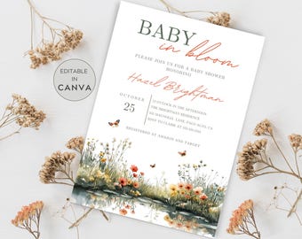 Baby in Bloom Invitation, Orange Wildflowers Baby Shower Invitation, Editable Printable Invitation, Baby Girl Butterfly Baby Shower, Florals
