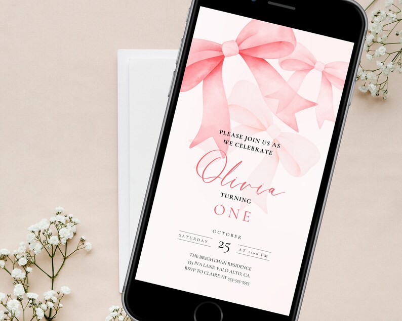 Editable Digital Coquette Invitation | Pink Bow Birthday Evite | Pink Bow Digital Invite | Virtual Invitation | Birthday Girl Pink Bow image 9
