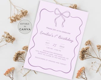 May include: A lilac invitation card for Emilia's 1st birthday, with a bow illustration and a wavy border. The card includes event details: date, time, and location. The text "Editable in Canva" is also present.