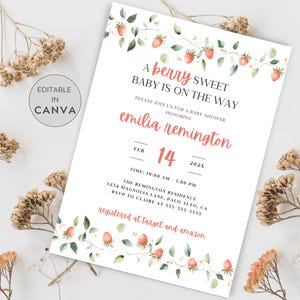 Strawberry Themed Baby Shower Invitation, Strawberry Baby Shower Invite, A Berry Sweet Baby Is On The Way Invite, Berry Sweet Baby Invite