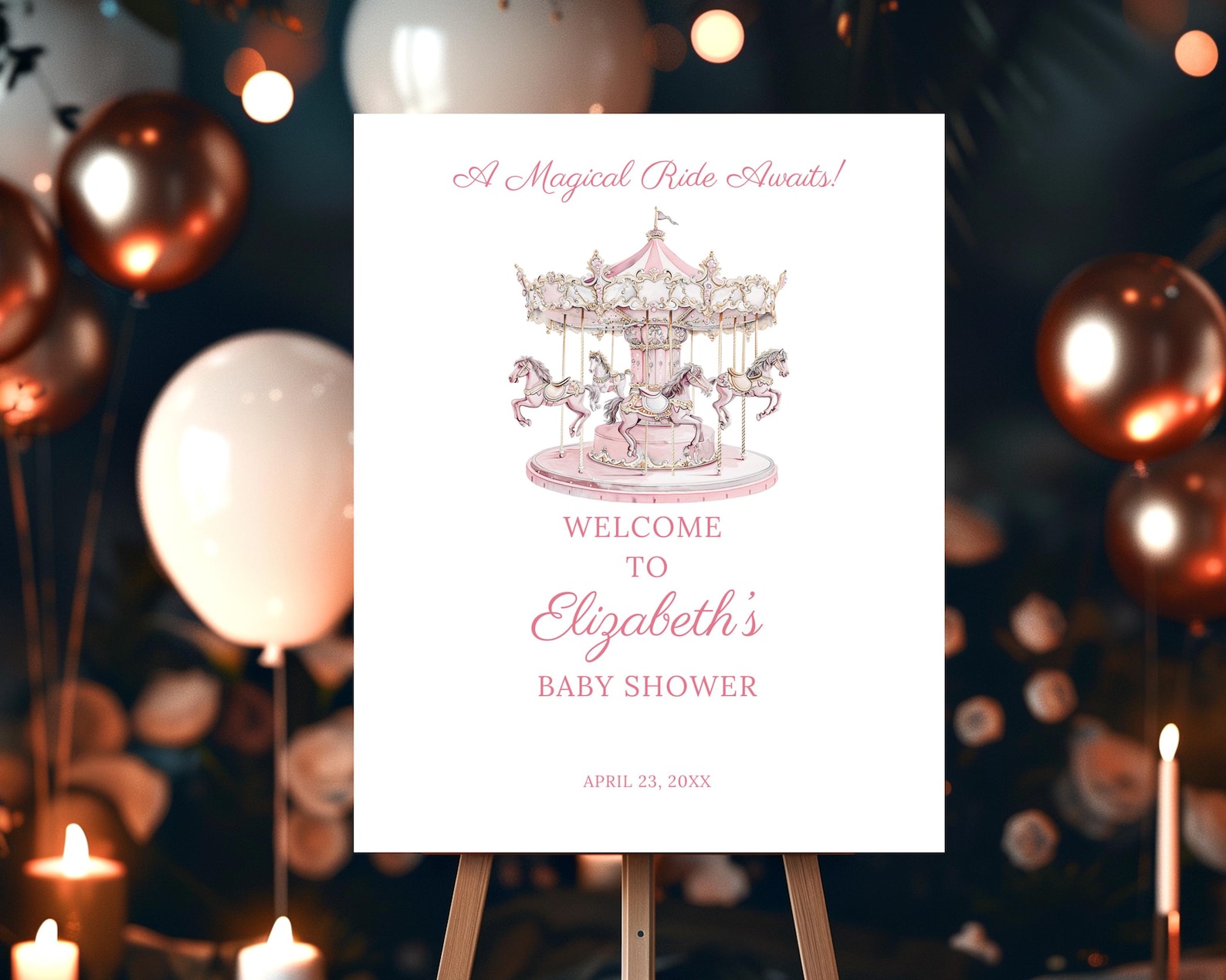 Pink Carousel Baby Shower Sign, Baby Girl Shower Carousel Welcome Sign ...