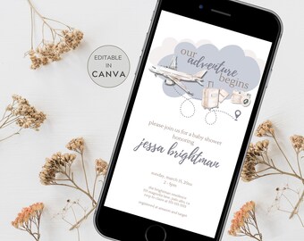 Travel Baby Shower Evite, Airplane Baby Shower Invitation, Printable Invitation, Our Adventure Begins, Passport Invitation, Travel Evite