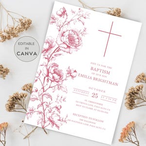 Toile De Jouy Baptism, Pink Baptism Invite, French Baptism, French Floral Invite, Chinoiserie Invitation, Christening 1st Communion for Girl