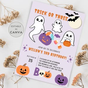 Trick or Three Birthday Invitation, Halloween 3rd Birthday Invitation, Cute Ghost Birthday Invite, Spooky Birthday Third Birthday Boy Girl