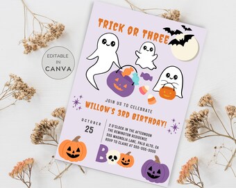 May include: A lavender Halloween party invitation with the text "Trick or Three" and "Willow's 3rd Birthday!". It features cartoon ghosts, pumpkins, bats, and sweets. The invitation includes event details and the text "Editable in Canva".
