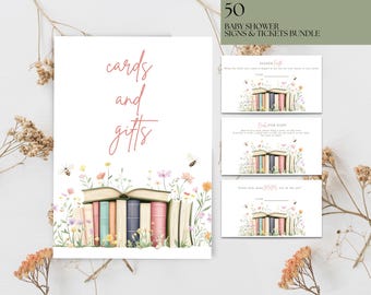 May include: Printable baby shower signs with a book theme. The signs feature a stack of books with flowers and bees. The text on the signs reads "Cards and Gifts", "Chapter One", "Books for Baby", and "Guess how many pages are in this book?"