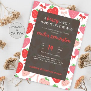 Strawberry Themed Baby Shower Invitation, Strawberry Baby Shower Invite, A Berry Sweet Baby Is On The Way Invite, Berry Sweet Baby Invite