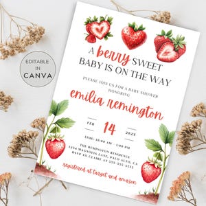 Strawberry Themed Baby Shower Invitation, Strawberry Baby Shower Invite, A Berry Sweet Baby Is On The Way Invite, Berry Sweet Baby Invite