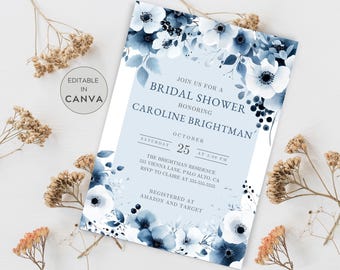 Editable Dusty Blue Florals Bridal Shower Invitation Printable, Dusty Blue Florals Shower Invite, Dusty Blue Bridal Invite, Dusty Blue Bride