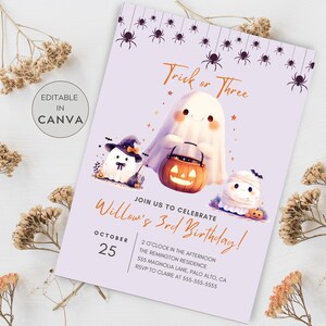 Trick or Three Birthday Invitation, Halloween 3rd Birthday Invitation, Cute Ghost Birthday Invite, Spooky Birthday Third Birthday Boy Girl