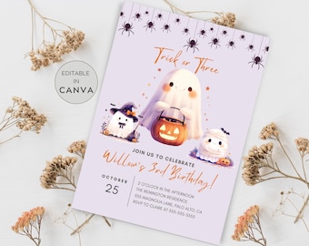 Trick or Three Birthday Invitation, Halloween 3rd Birthday Invitation, Cute Ghost Birthday Invite, Spooky Birthday Third Birthday Boy Girl