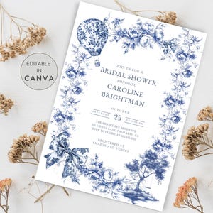 Blue Chinoiserie Bridal Shower Invitation, Hot Air Balloon Toile De Jouy Bridal Shower Invitation, Vintage Floral Chinoiserie Invite