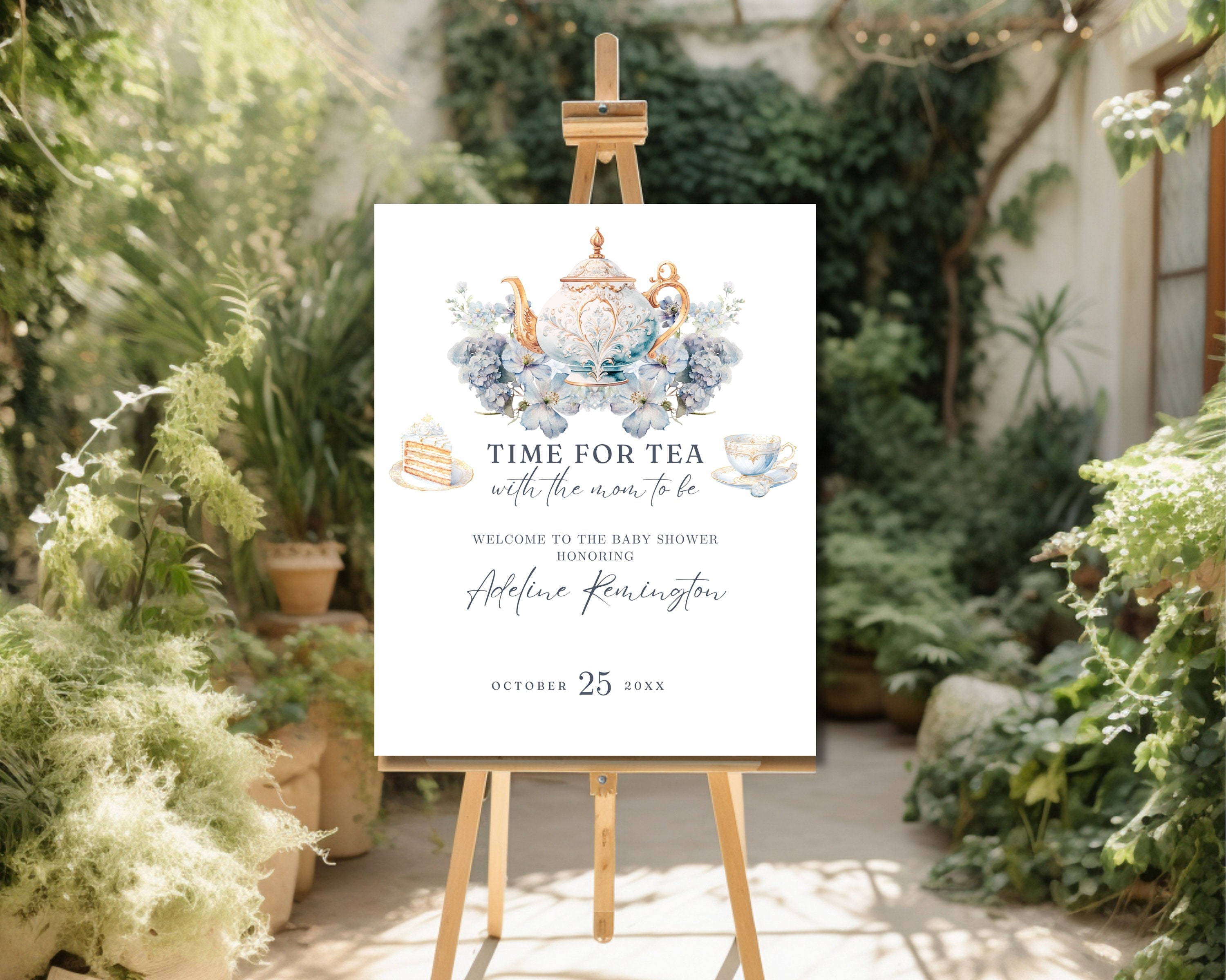 Time For Tea Sign Editable Baby Shower Tea Party Welcome Sign, Gender Neutral, Dusty Blue ...
