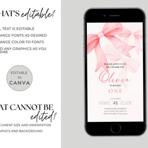 Editable Digital Coquette Invitation | Pink Bow Birthday Evite | Pink Bow Digital Invite | Virtual Invitation | Birthday Girl Pink Bow image 3