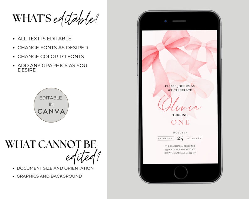 Editable Digital Coquette Invitation | Pink Bow Birthday Evite | Pink Bow Digital Invite | Virtual Invitation | Birthday Girl Pink Bow image 3