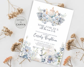 May include: A blue and white floral baby shower invitation with a teapot and the text "Time for Tea with the mom to be". The invitation is for Cassidy Brightman and is scheduled for Sunday, 23rd May 20XX from 2-5PM at the Brightman Residence. RSVP to Claire at 345-545-5555. Registered at Amazon and Target.