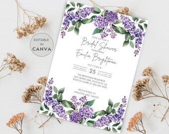 May include: A white bridal shower invitation with a purple floral border. The text reads "Join us for a Bridal Shower honouring Emilia Brightman, Saturday, October 25 at 2:00 PM. The Brightman Residence, 555 Vienna Lane, Palo Alto, CA. RSVP to Claire at 555-555-5555. Registered at Amazon and Target."