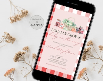 Evite pour baby shower du marché de producteurs, Evite cultivé localement, Invitation pour baby shower non sexiste, Evite pour baby shower cultivé localement, Evite modifiable