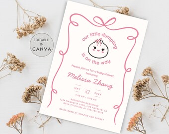 May include: A baby shower invitation in pink and white, featuring the text "our little dumpling is on the way" and a dumpling illustration. The invitation includes the honoree's name, date, time, and location details.