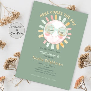 Here Comes the Son Baby Shower Invitation, Editable Here Comes the Son Digital Invite, Here Comes the Sun Boy Baby Shower Invite, Baby Evite