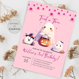 Trick or Three Birthday Invitation Pink, Halloween 3rd Birthday Invitation, Cute Ghost Birthday Invite, Spooky Birthday Third Birthday Girl