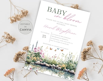 Baby in Bloom Invitation, Purple Wildflowers Baby Shower Invitation, Editable Printable Invitation, Baby Girl Butterfly Baby Shower, Florals