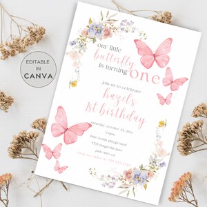 Editable Pink Butterfly Birthday Invitation, 1st Birthday Girl Butterfly Party Invite, Butterfly Invite Template, Girly