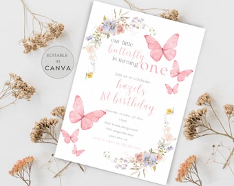 Invitación de cumpleaños editable de mariposa rosa, invitación para fiesta de mariposas para el primer cumpleaños de niña, plantilla de invitación de mariposa, para niña