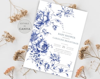Blue Chinoiserie Baby Shower Invitation, French Blue Toile De Jouy Baby Shower Invitation Template, Vintage Floral Chinoiserie Invite
