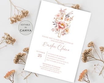 Baptism Invitation Template, Rustic Pink Flowers, Pink Baptism Invite, Rustic Baptism, Girl Baptism Invite, Christening 1st Communion