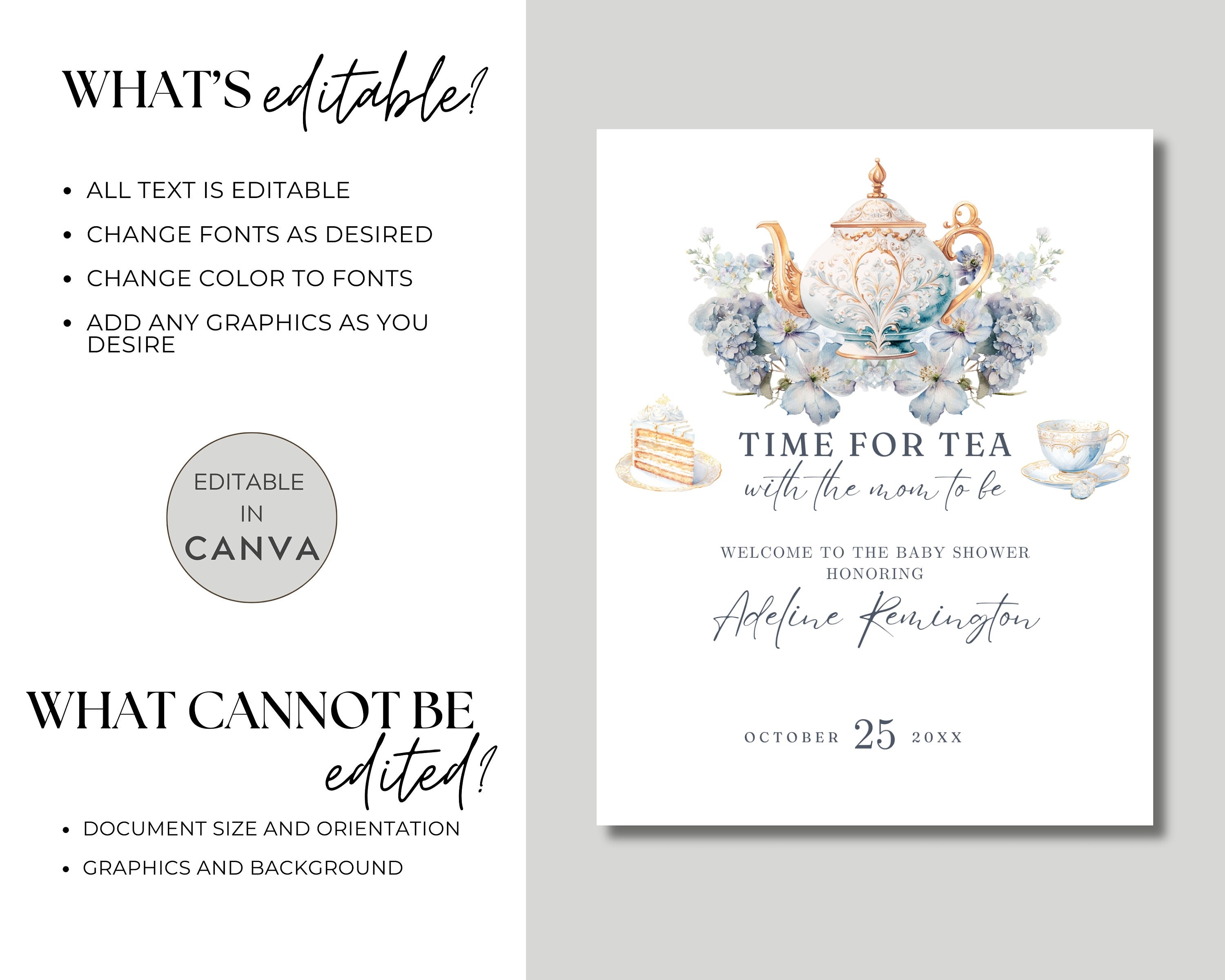 Time For Tea Sign Editable Baby Shower Tea Party Welcome Sign, Gender Neutral, Dusty Blue ...