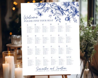 May include: A white wedding seating chart with blue floral designs. The chart is labelled "Welcome, Please Find Your Seat" and lists guest names alphabetically by last name. The bottom of the chart reads "Samantha and Jonathan, October 25, 2025, Savannah, Georgia."