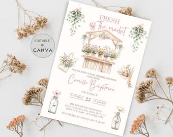 May include: A printable bridal shower invitation featuring a watercolour illustration of a flower stall with a sign that reads "Fresh off the market". The invitation is for Camille Brightman and is scheduled for 2:00 PM on the 25th of October. The text also includes the address and RSVP details.