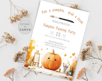 Può includere: Un invito a una festa di pittura di zucche il sabato 25 ottobre alle 14:00. L'invito presenta una simpatica zucca di cartone animato con un pennello e una tavolozza di colori.