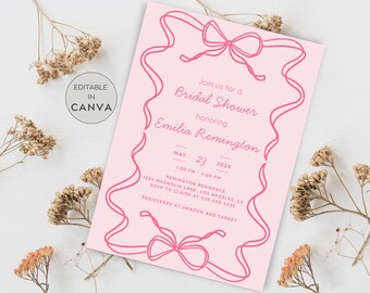 May include: A pink bridal shower invitation with a ribbon design border. The invitation includes the text "Join us for a Bridal Shower honoring Emilia Remington" and event details. The words "Editable in Canva" are also present.