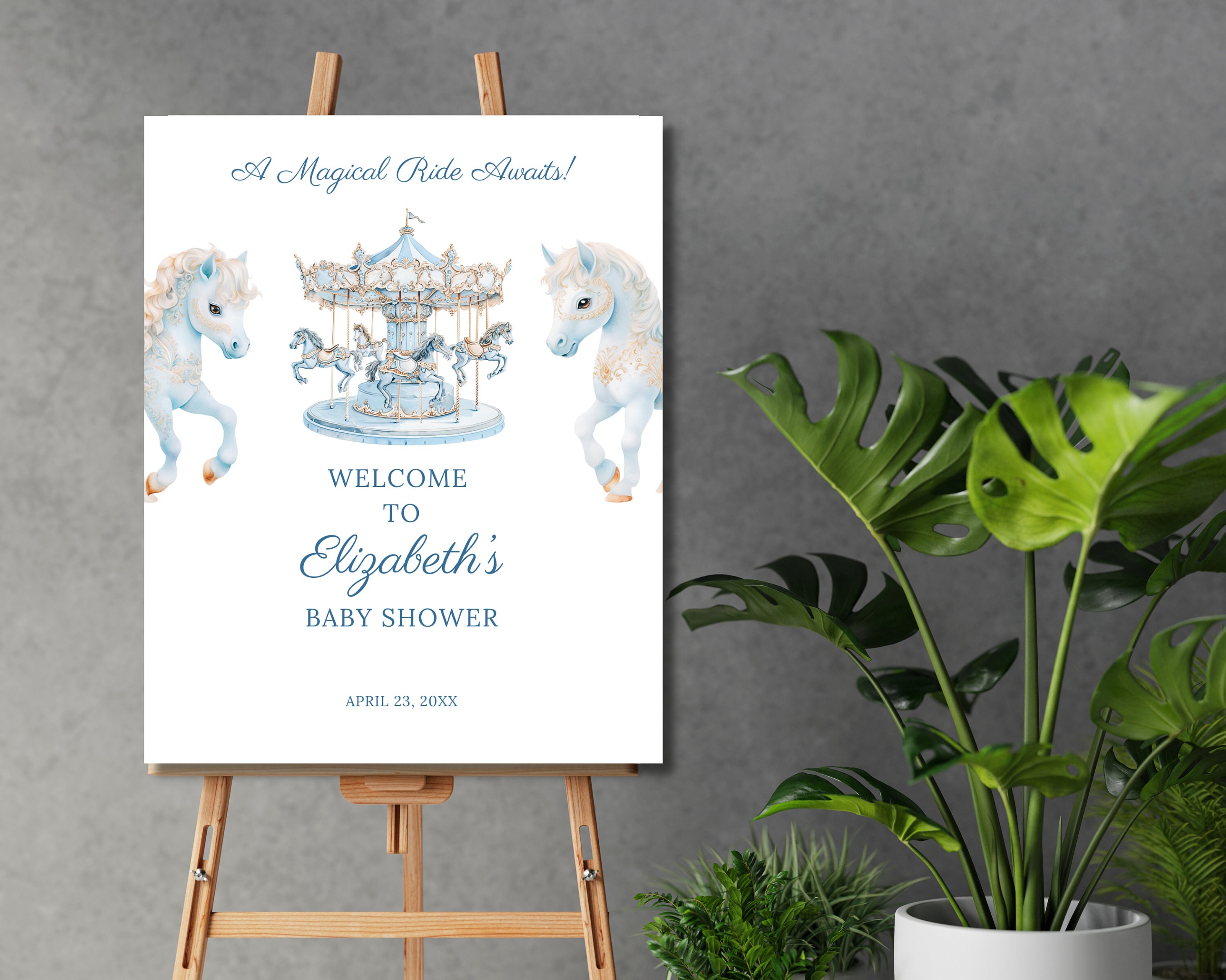 Blue Carousel Baby Shower Sign, Baby Boy Shower Carousel Welcome Sign ...