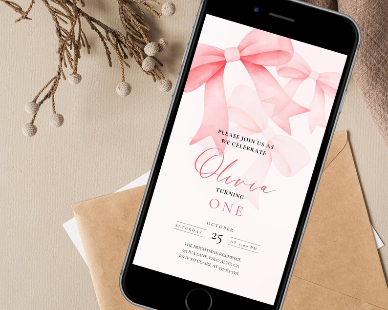 Editable Digital Coquette Invitation | Pink Bow Birthday Evite | Pink Bow Digital Invite | Virtual Invitation | Birthday Girl Pink Bow image 6