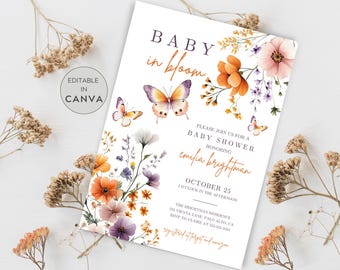 Baby in Bloom Invitation,  Wildflowers Baby Shower Invitation, Editable Printable Invitation, Baby Girl Butterfly Baby Shower, Florals