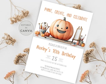 Pumpkin Painting Birthday Invitation, Editable Pumpkin Art Party Template, Pumpkin Party, Halloween Birthday Invite, Painting Party Invite