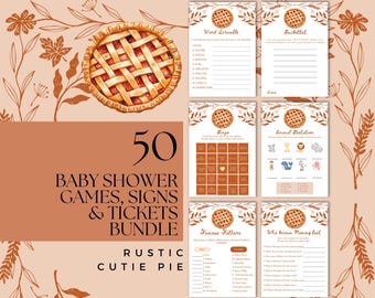 May include: A set of 50 printable baby shower games, signs, and tickets with a rustic theme. The design features a pie with a lattice crust and a brown and white colour scheme. The text "50 Baby Shower Games, Signs & Tickets Bundle Rustic Cutie Pie" is included in the image.