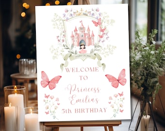 May include: A pink and white welcome sign with a pink castle and butterflies. The sign says "Welcome to Princess Emilias 5th Birthday" and "October 27, 20XX".