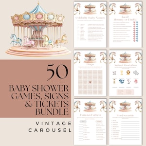 May include: A set of 50 printable baby shower games, signs, and tickets with a vintage carousel theme. The games include "Celebrity Baby Names", "Mommy or Daddy", "Bingo", "Animal Gestation", "Famous Fathers", and "Word Scramble".