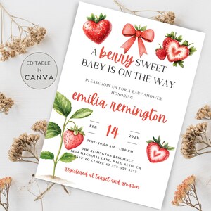 Strawberry Themed Baby Shower Invitation, Strawberry Baby Shower Invite, A Berry Sweet Baby Is On The Way Invite, Berry Sweet Baby Invite