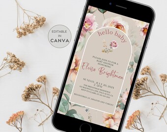 May include: A digital phone screen displaying a baby shower invitation with a floral design. The invitation reads "hello baby" and includes the name "Eloise Brightman". The invitation details the date, time, location, and RSVP information for the baby shower.